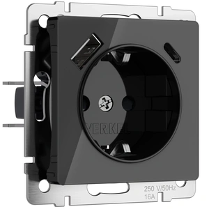 Изображение Розетка с заземлением, шторками и USB тип A+C (черный акрил) W1171748
