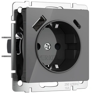 Изображение Розетка с заземлением, шторками и USB тип A+C (графит акрил) W1171744