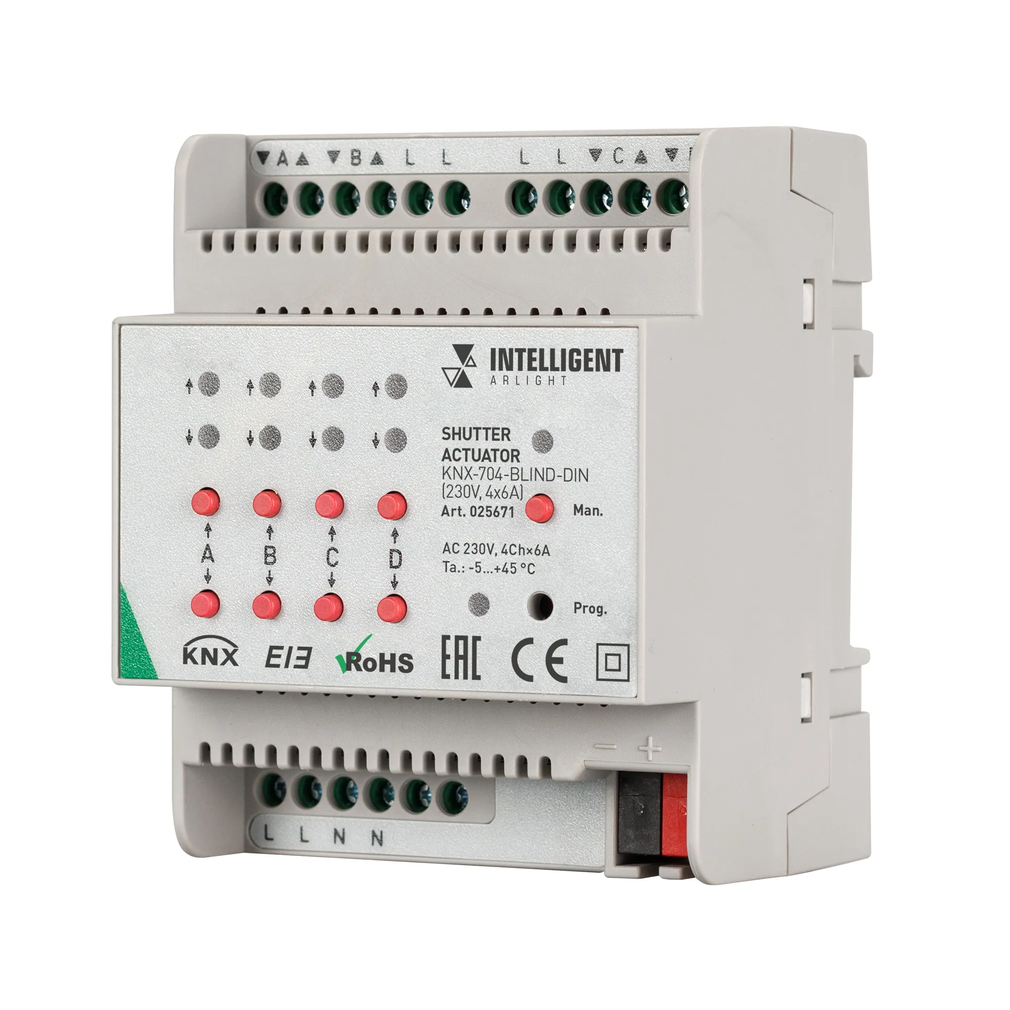 INTELLIGENT ARLIGHT Контроллер штор KNX-704-BLIND-DIN (230V, 4x6A) (IARL, Пластик) - Изображение