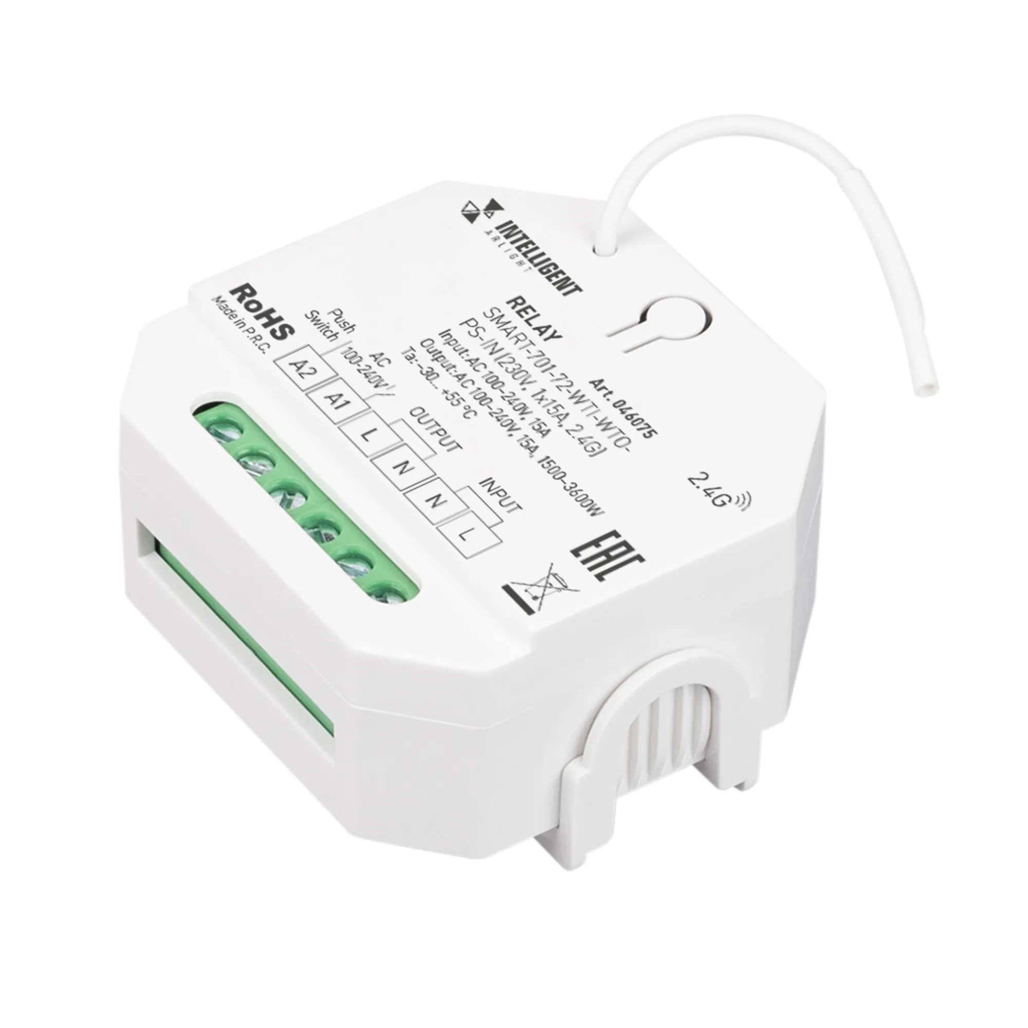 INTELLIGENT ARLIGHT Релейный модуль SMART-701-72-WTI-WTO-PS-IN  (230V, 1x15A, 2.4G) (IARL, IP20 Пластик, 5 лет) - Изображение