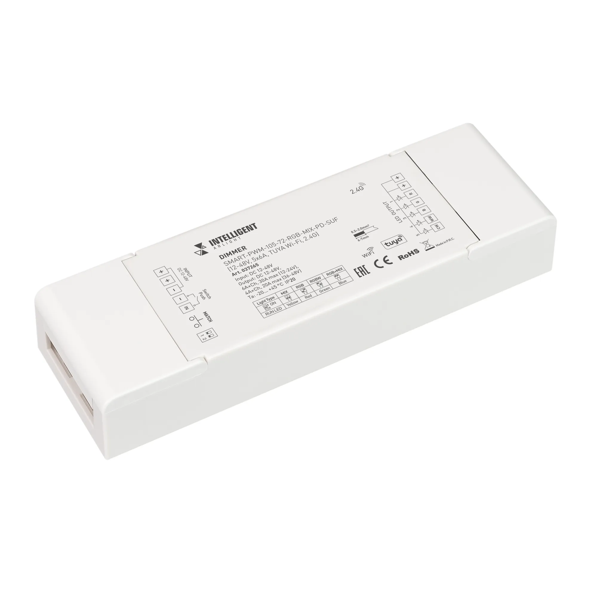 INTELLIGENT ARLIGHT Диммер SMART-PWM-105-72-RGB-MIX-PD-SUF (12-48V, 5x6A, TUYA Wi-Fi, 2.4G) (IARL, IP20 Пластик, 5 лет) - Изображение