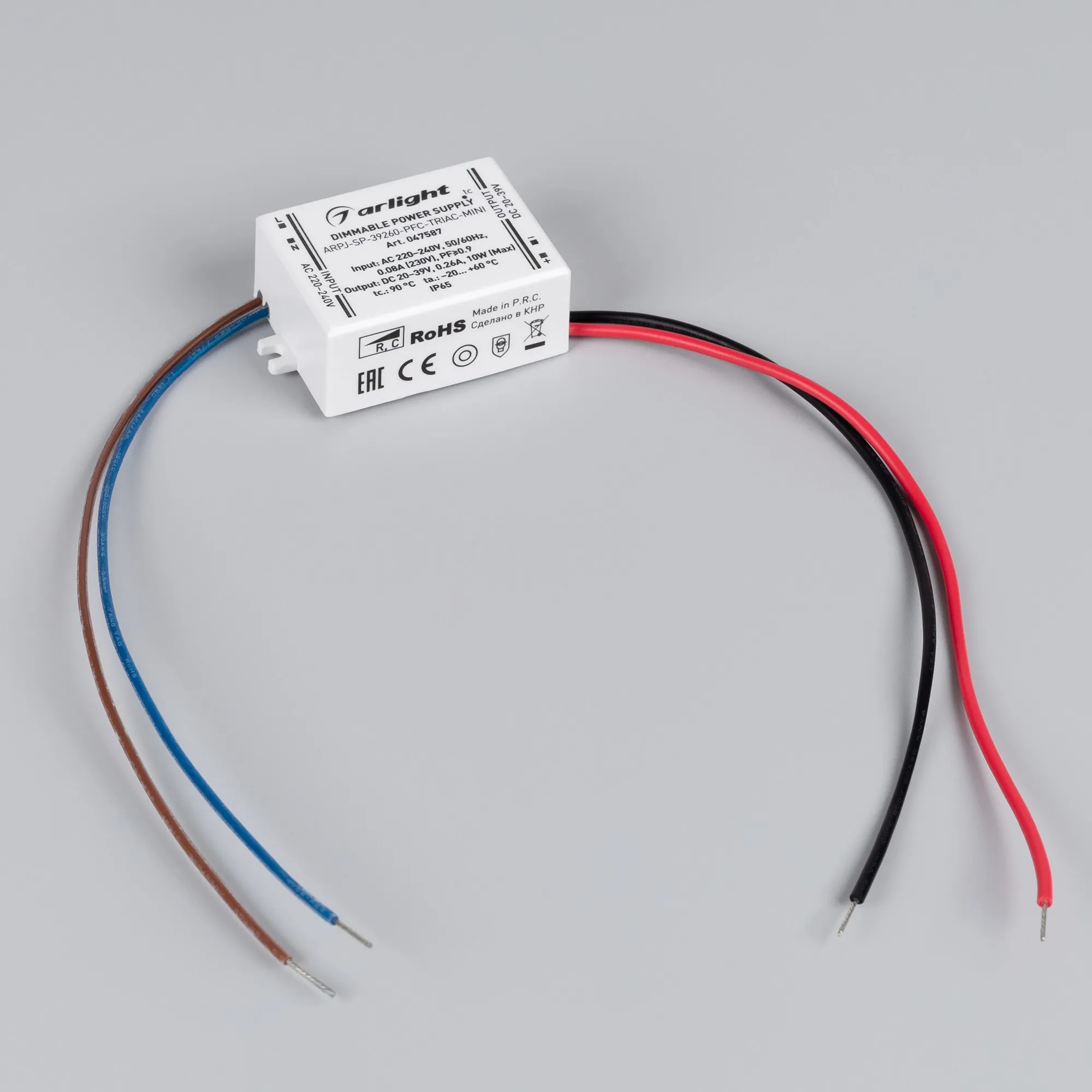 Блок питания ARPJ-SP-39260-PFC-TRIAC-MINI (10W, 20-39V, 260mA) (Arlight, IP65 Пластик, 5 лет) - Изображение