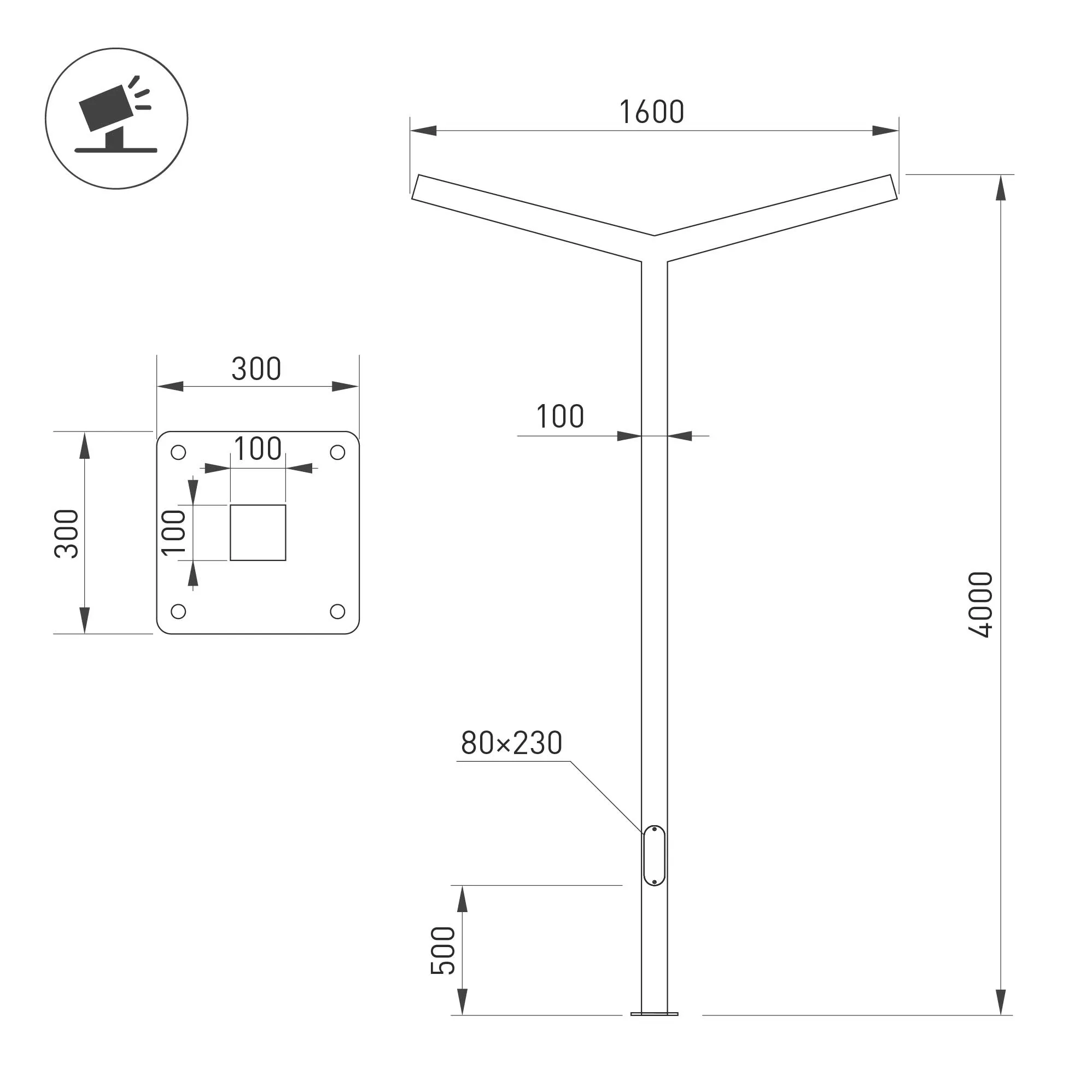 Опора OXOR-STER-Y-2000x100x100-L4000-70W Warm3000 (BK, 230V) IP65 (Arlight, Сталь) - Изображение