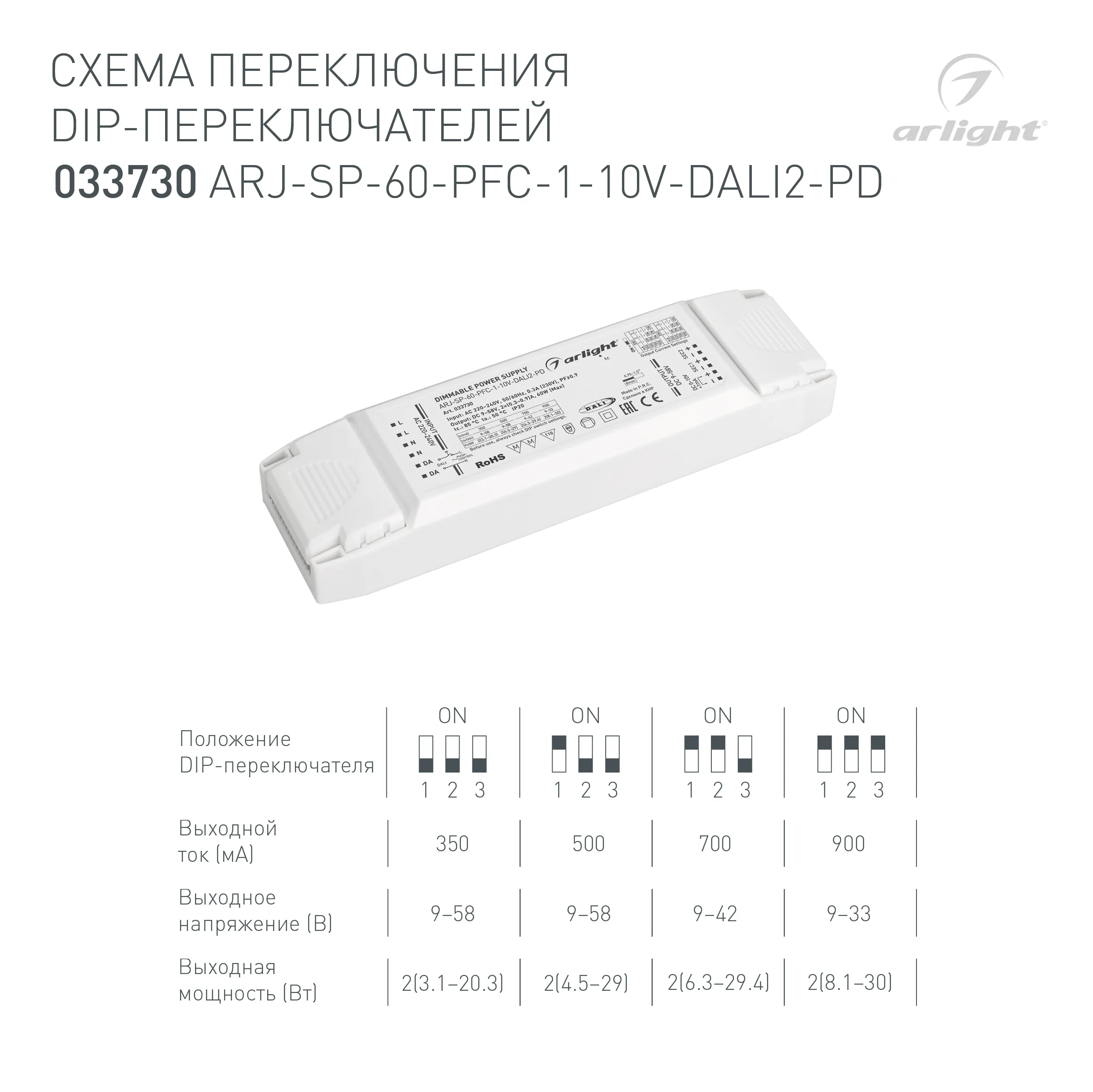 Блок питания ARJ-SP-60-PFC-1-10V-DALI2-PD (60W, 9-58V, 2x0.3-0.9A) (Arlight, IP20 Пластик, 5 лет) - Изображение