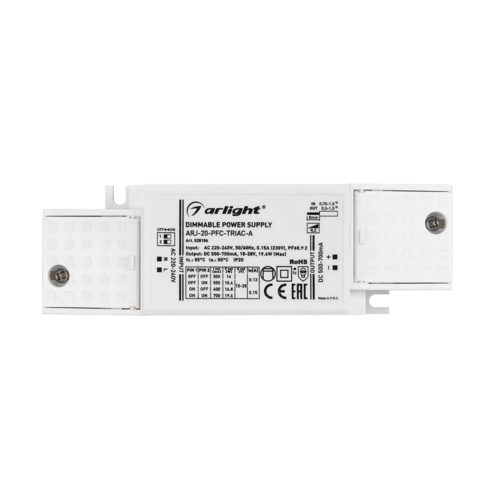 Блок питания ARJ-20-PFC-TRIAC-A (20W, 500-700mA) (Arlight, IP20 Пластик, 5 лет) - Изображение