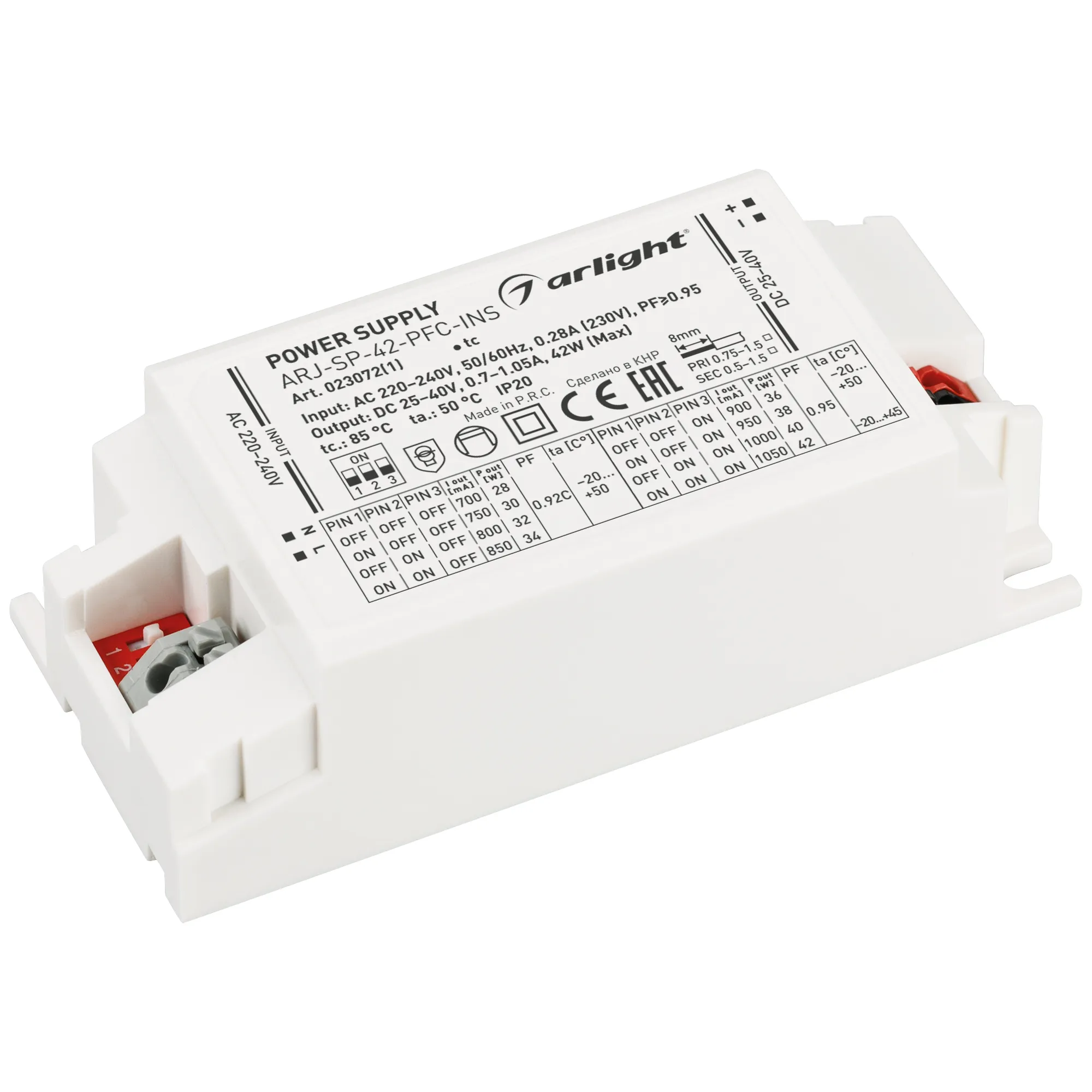 Блок питания ARJ-SP-42-PFC-INS (42W, 25-40V, 0.7-1.05A) (Arlight, IP20 Пластик, 5 лет) - Изображение