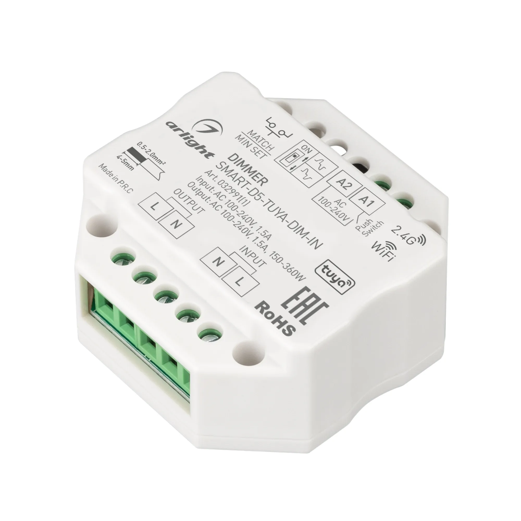 Диммер SMART-D5-TUYA-DIM-IN (230V, 1.5A, TRIAC, WiFi, 2.4G) (Arlight, IP20 Пластик, 5 лет) - Изображение