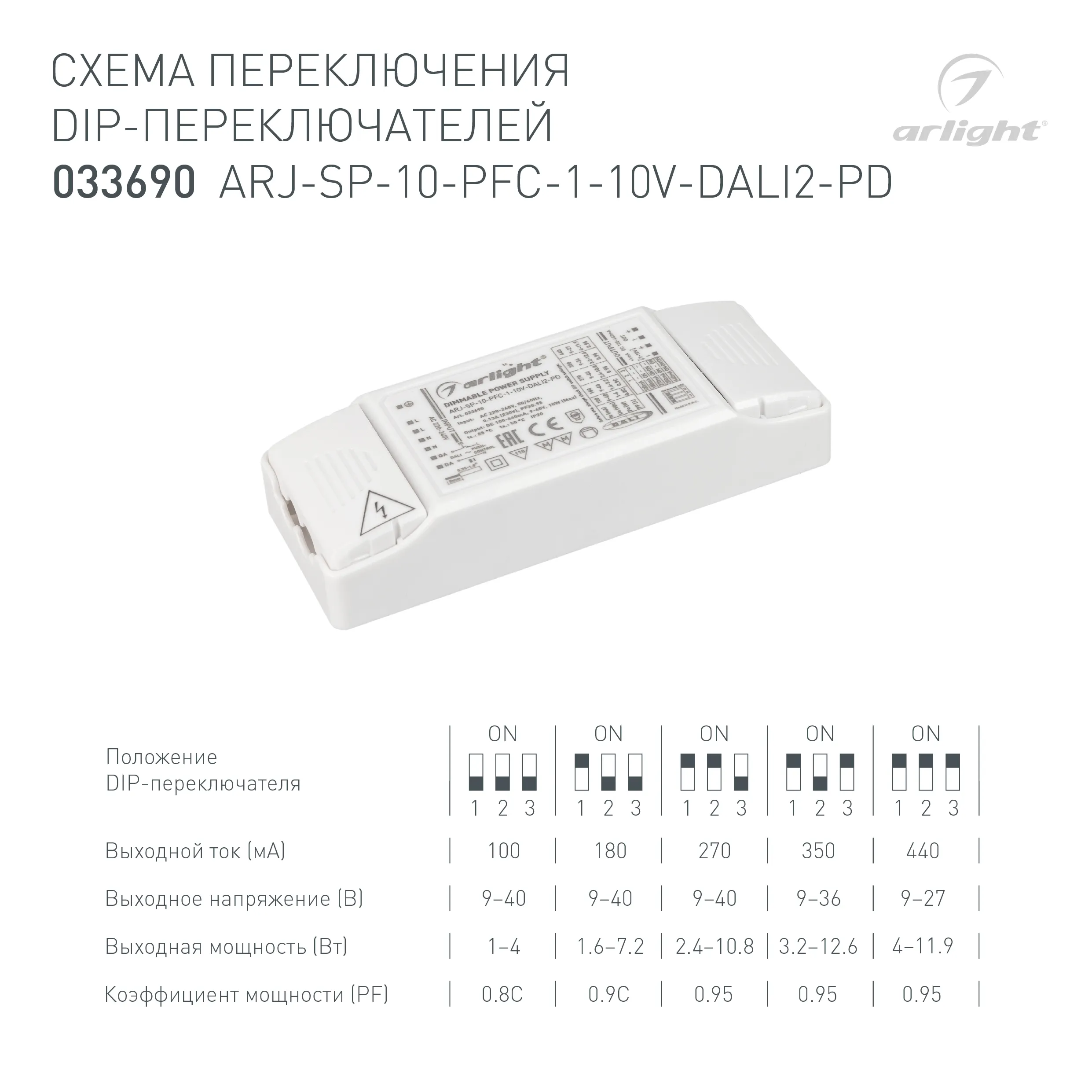 Блок питания ARJ-SP-10-PFC-1-10V-DALI2-PD (10W, 100-440mA) (Arlight, IP20 Пластик, 5 лет) - Изображение