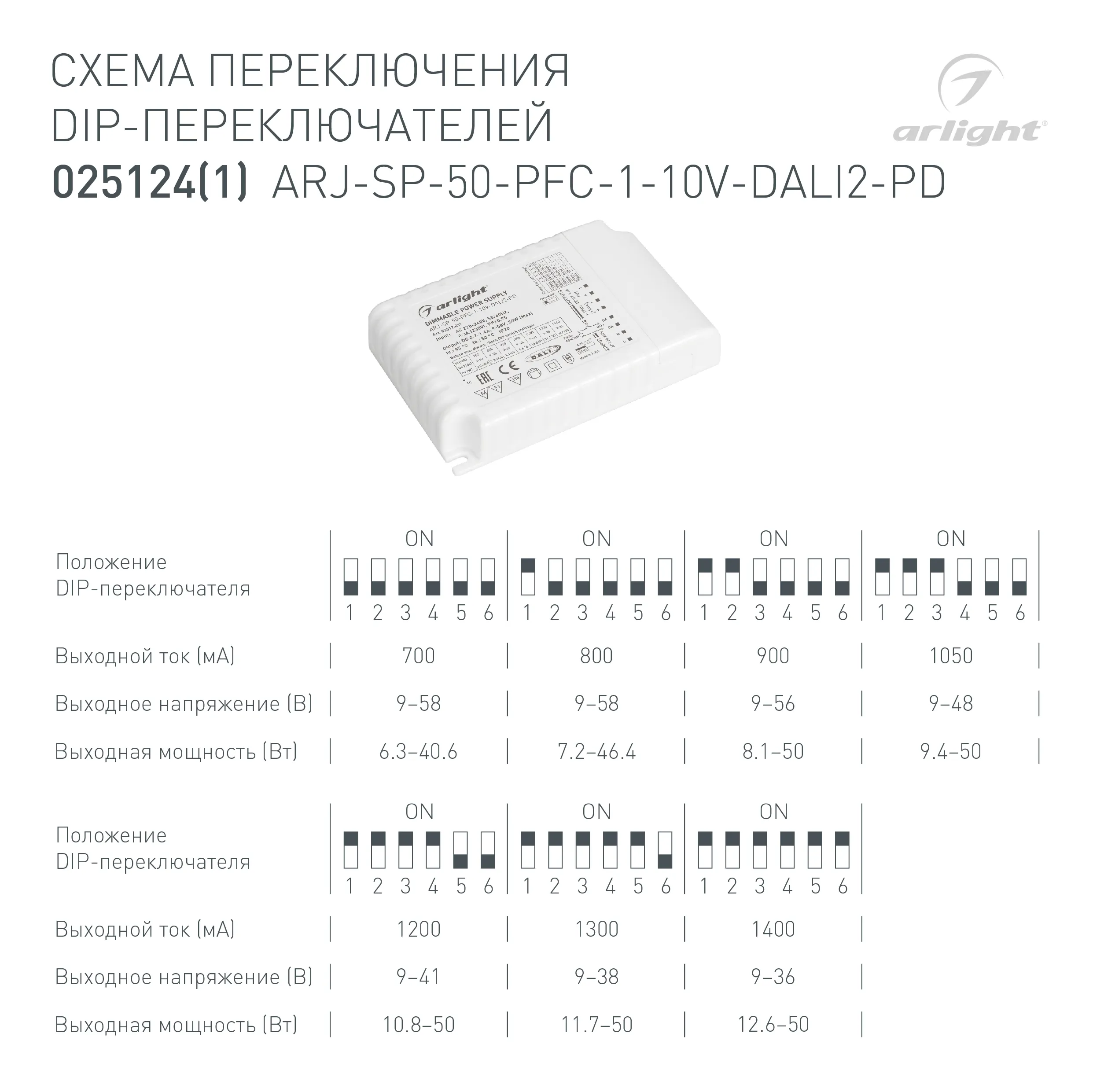 Блок питания ARJ-SP-50-PFC-1-10V-DALI2-PD (50W, 700-1400mA) (Arlight, IP20 Пластик, 5 лет) - Изображение