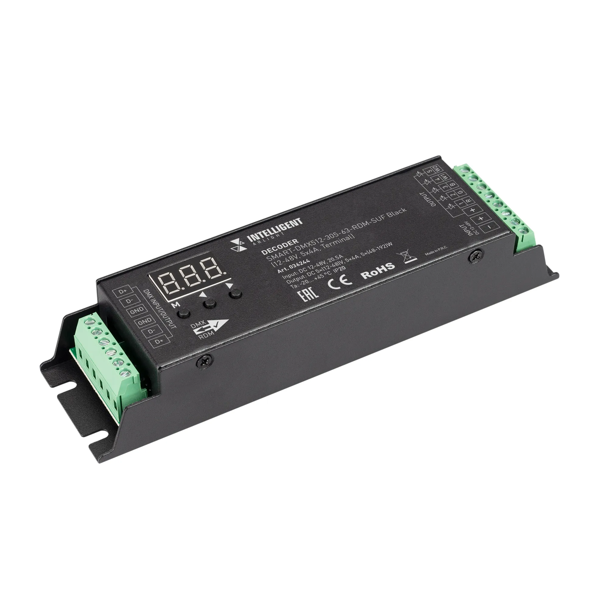 INTELLIGENT ARLIGHT Декодер SMART-DMX512-305-63-RDM-SUF Black (12-48V, 5x4A, Terminal) (IARL, IP20 Металл, 5 лет) - Изображение