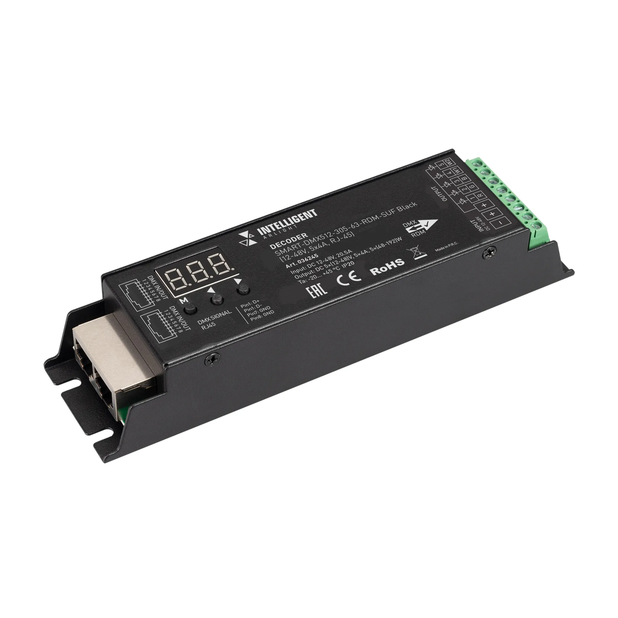 INTELLIGENT ARLIGHT Декодер SMART-DMX512-305-63-RDM-SUF Black (12-48V, 5x4A, RJ-45) (IARL, IP20 Металл, 5 лет) - Изображение